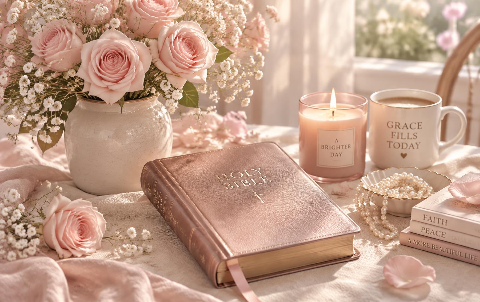 Mesa com bíblia, rosas e velas em tons rosados