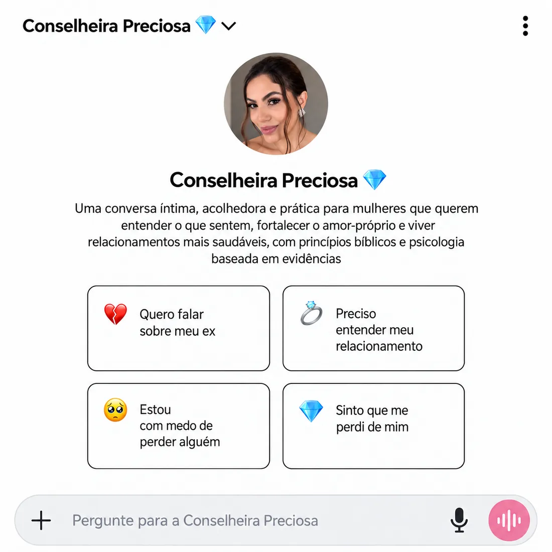 Tela inicial da Conselheira Preciosa com a foto de Bia e as opções de conversa